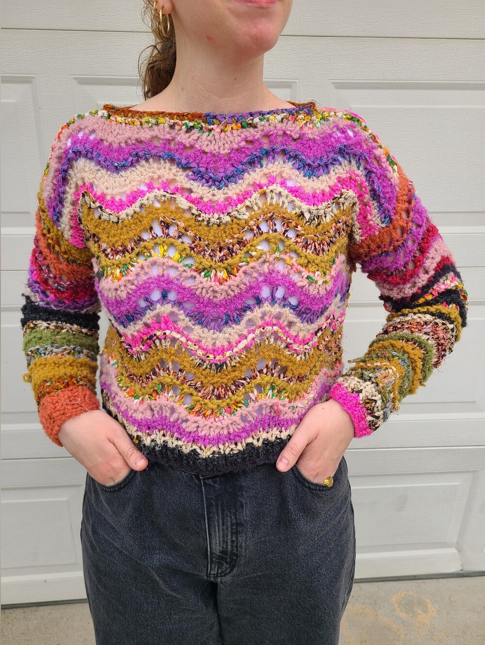 Hand Knit Free People Knit Collage Long Sleeve Cropped Wool Blend Sweater Size M